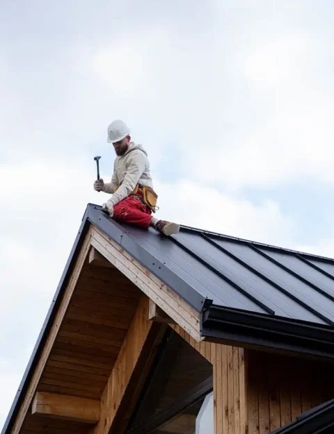 Artisan couvreur posant une toiture