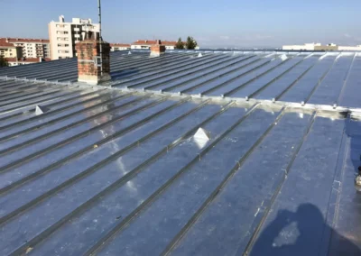 Toiture en zinc &agrave; joint debout avec chemin&eacute;e en briques, immeubles en arri&egrave;re-plan