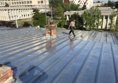 Zingueur travaillant sur une toiture en zinc &agrave; joint debout, arbres et b&acirc;timents en arri&egrave;re-plan