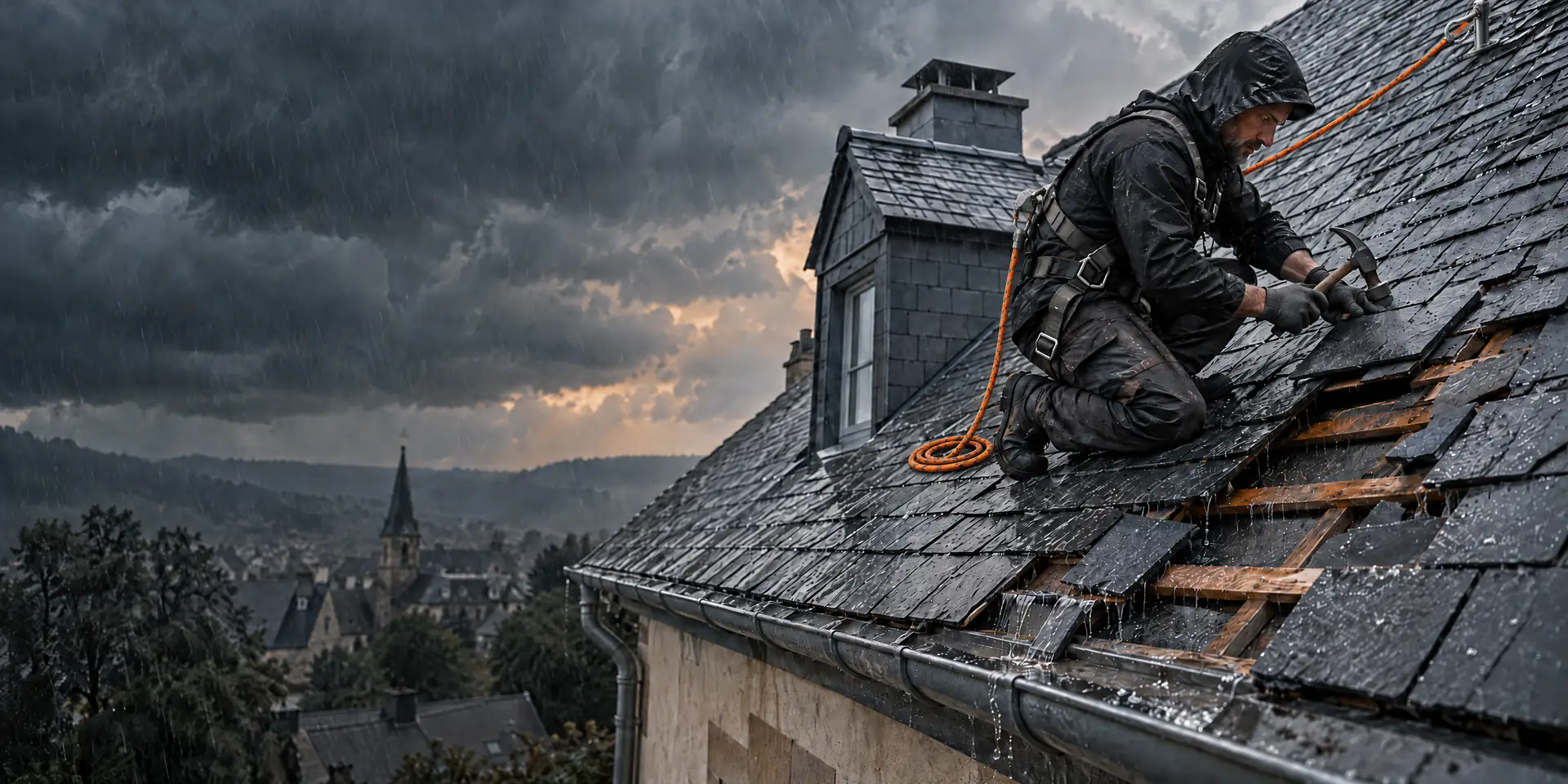 Couvreur équipé d'un harnais antichute remplaçant des ardoises arrachées sur une toiture qui fuit, sous la pluie